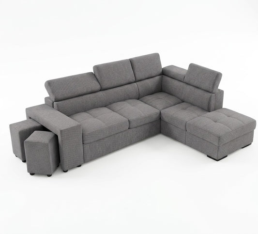 Coltar Extensibil Cu Otoman Ventotene, 5 Locuri, Taburete integrate, Lada Depozitare, Gri inchis, 265 Cm