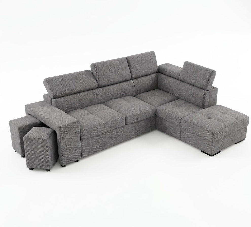 Coltar Extensibil Cu Otoman Ventotene, 5 Locuri, Taburete integrate, Lada Depozitare, Gri inchis, 265 Cm