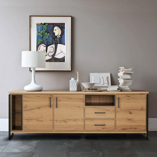 Bufet Reno 235.1x45x82 cm, Furnir Lemn Stejar Afumat si Negru, Mobila Sufragerie, 3 Usi 2 Sertare, Inchidere Silentioasa