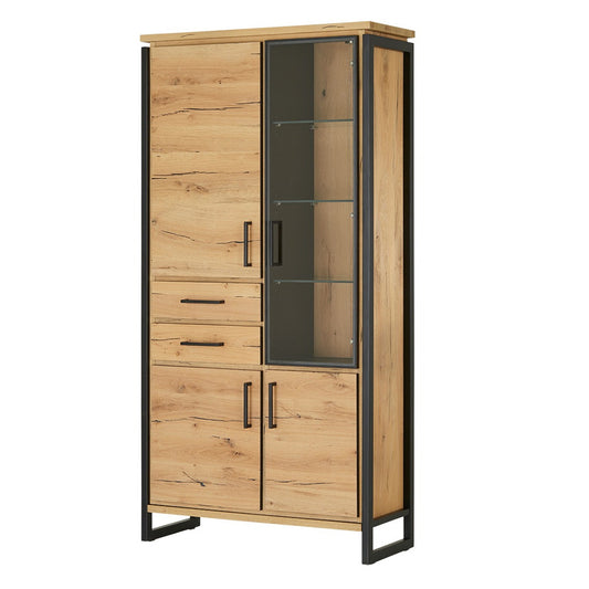 Vitrina Cu 3 Usi Si 2 Sertare Reno, Smoked Oak, Furnir Din Lemn Masiv, 100 Cm