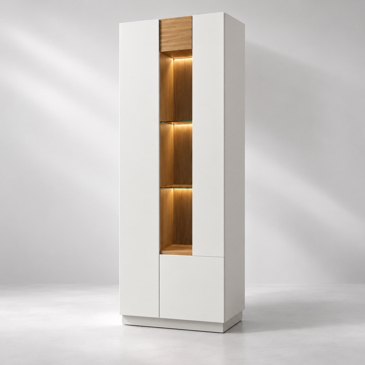 Biblioteca living Lumeo, alb mat/stejar, 305 cm, cu iluminare LED