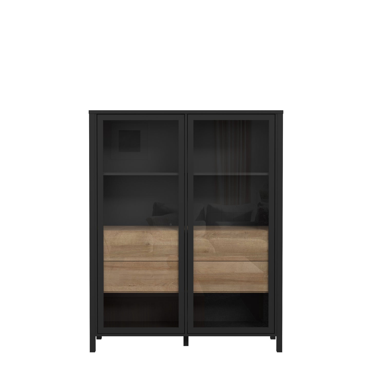 Vitrina Medie High Rock, Stejar Riviera Si Negru, 121.3 Cm