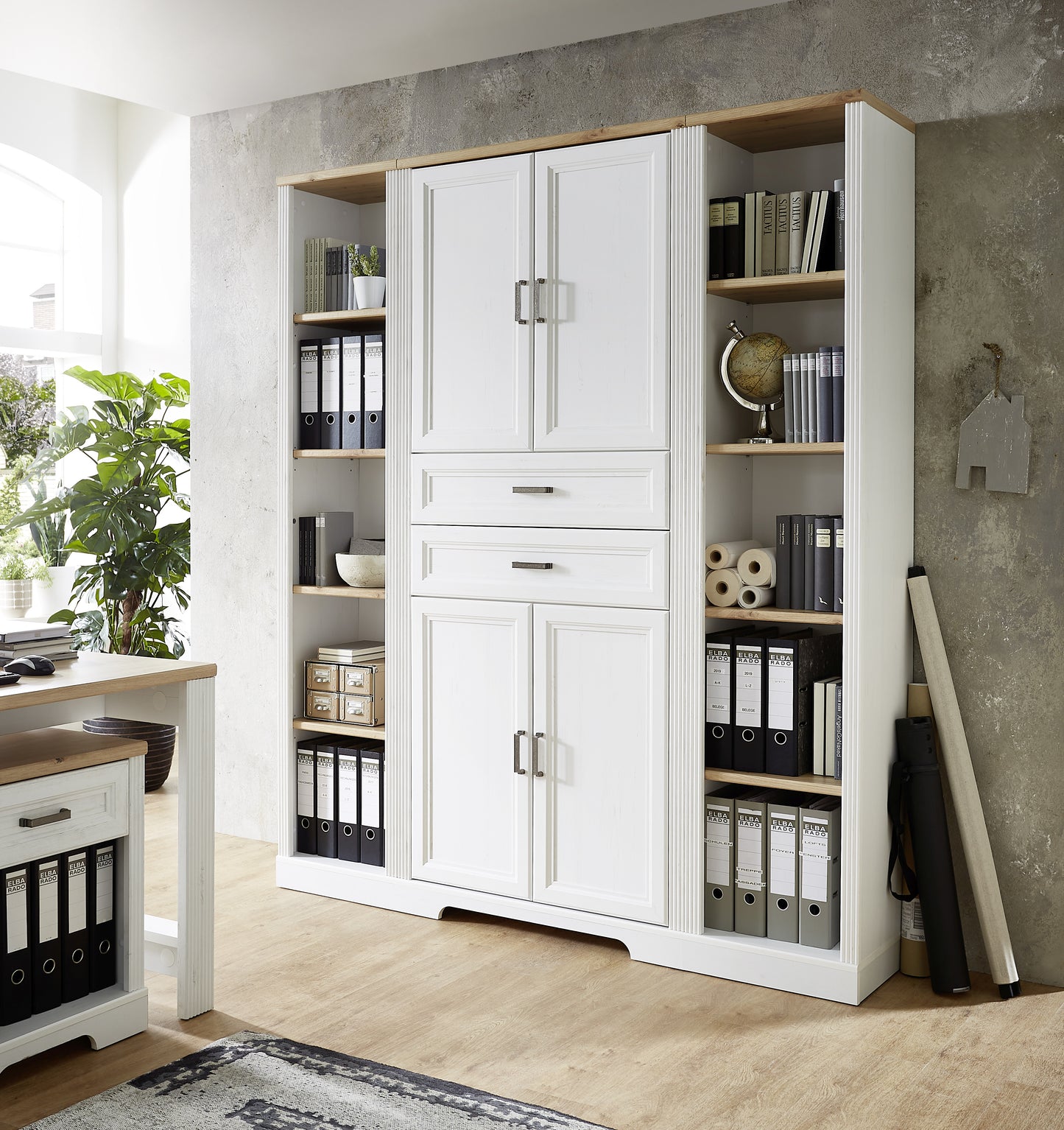 Etajera Jasmin 4 Usi si 2 Sertare, Alb Natur, 86 Cm
