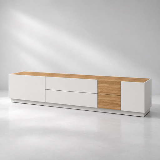 Biblioteca living Lumeo, alb mat/stejar, 305 cm, cu iluminare LED