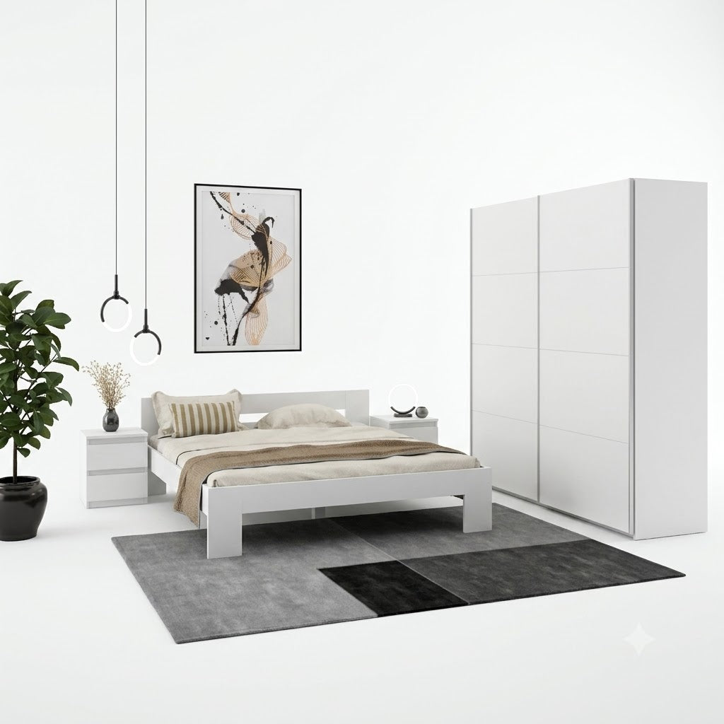 Set Dormitor Praktic, Alb Mat, Dulap 220 Cm, 2 Noptiere Si Pat Cu Dimensiune Saltea 180 x 200 Cm