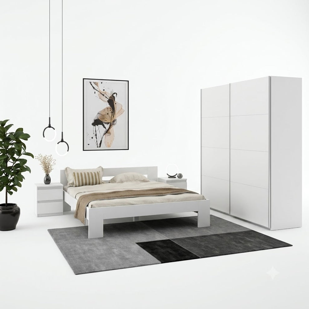 Set Dormitor Praktic, Alb Mat, Dulap 220 Cm, 2 Noptiere Si Pat Cu Dimensiune Saltea 180 x 200 Cm