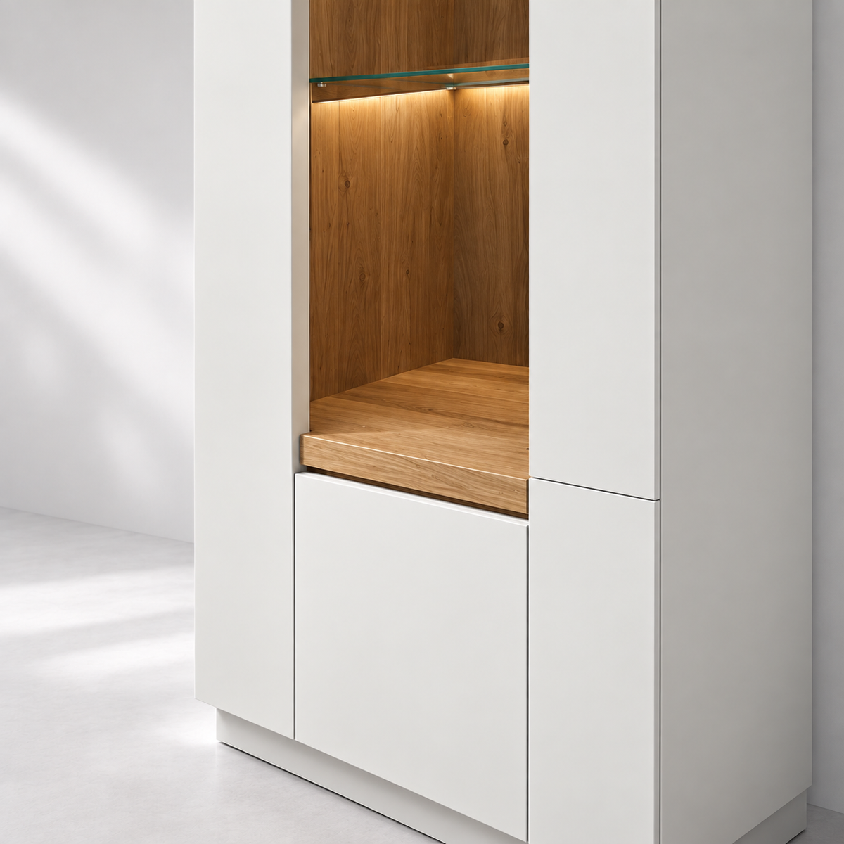 Biblioteca living Lumeo, alb mat/stejar, 305 cm, cu iluminare LED