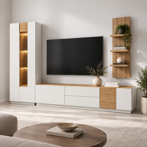 Biblioteca living Lumeo, alb mat/stejar, 305 cm, cu iluminare LED