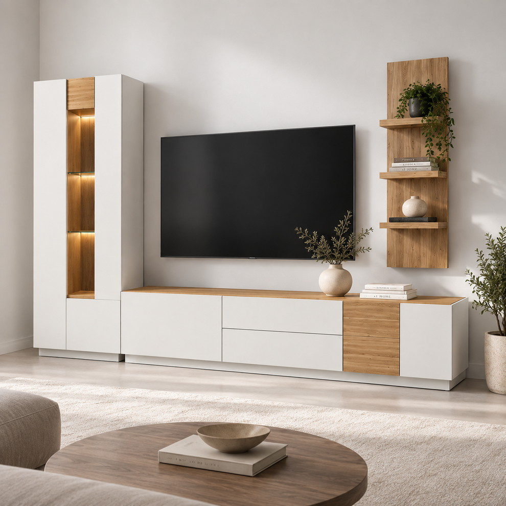 Biblioteca living Lumeo, alb mat/stejar, 305 cm, cu iluminare LED