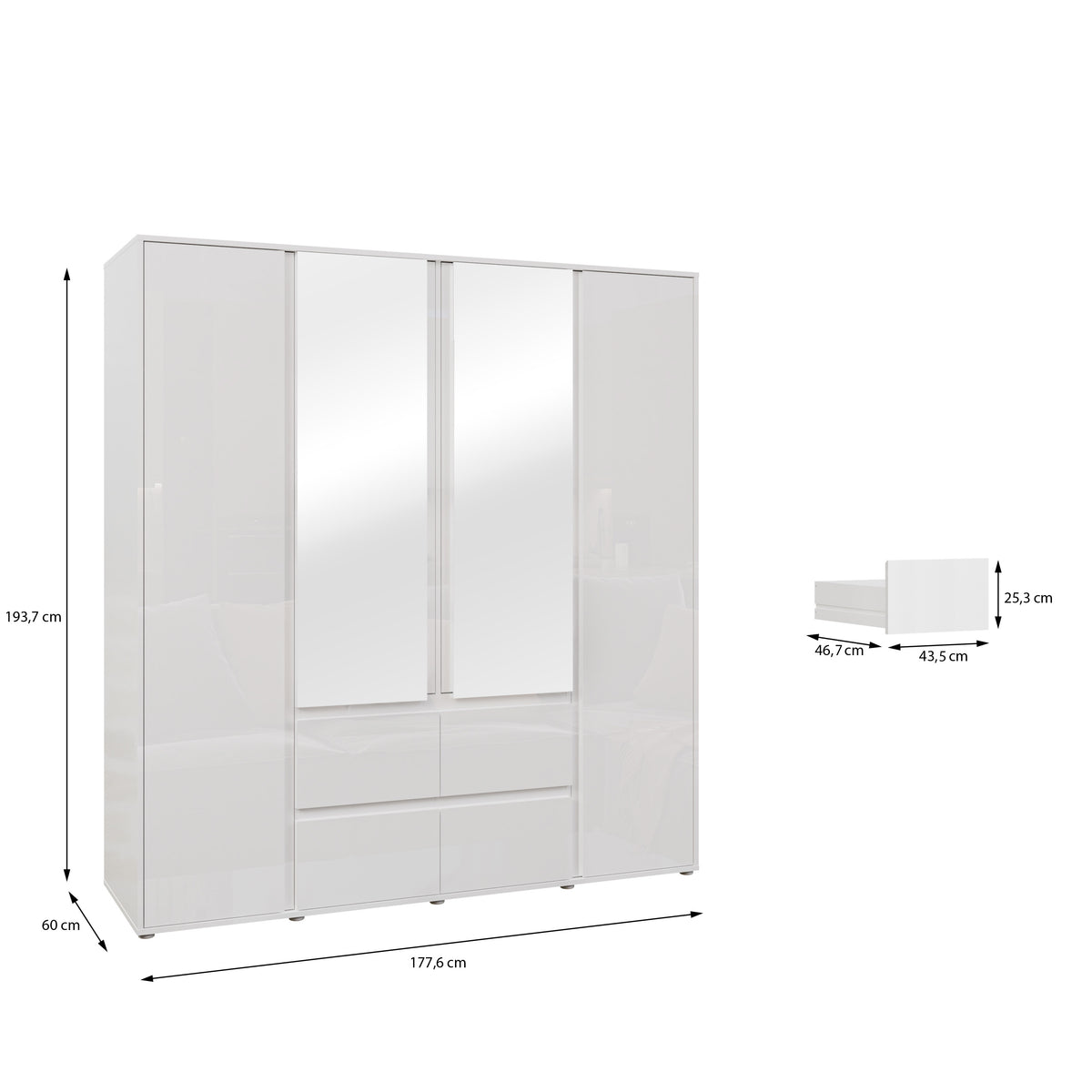 Dulap 4 Usi Si 4 Sertare Lipgloss White, 177.6 Cm