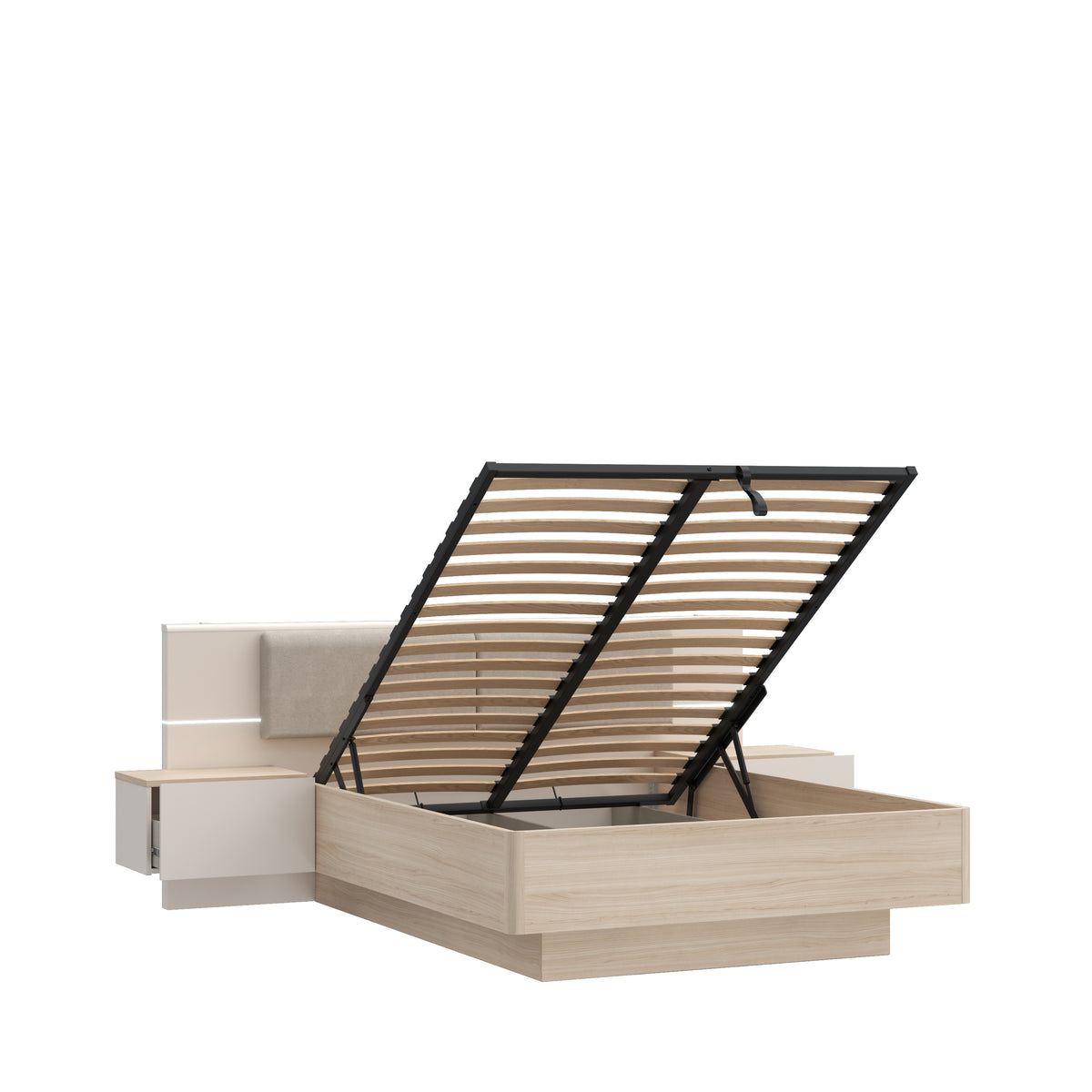 Pat Cu Noptiere Pineapple, Dimensiune Saltea 140 x 200 Cm, Somiera Rabatabila, Cu LED, Riva Oak Si Sand