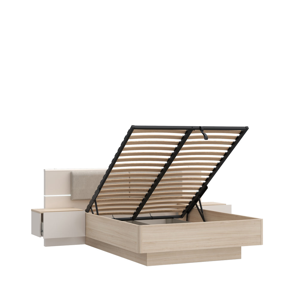 Pat Cu Noptiere Pineapple, Dimensiune Saltea 140 x 200 Cm, Somiera Rabatabila, Cu LED, Riva Oak Si Sand
