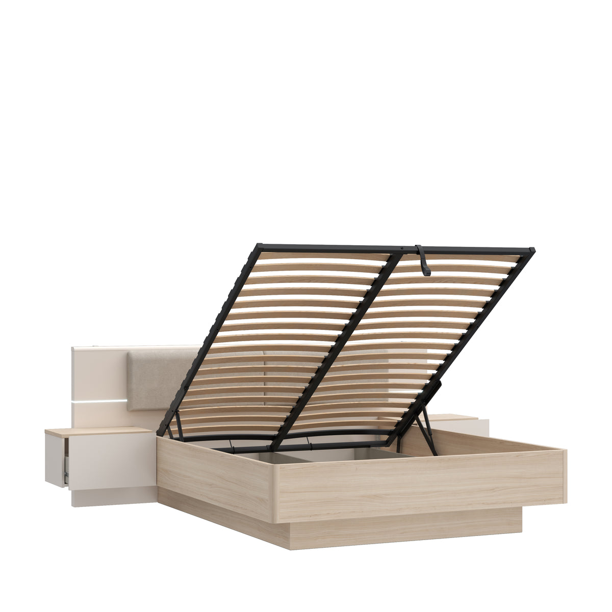 Pat Cu Noptiere Pineapple, Dimensiune Saltea 160 x 200 Cm, Somiera Rabatabila, Cu LED, Riva Oak Si Sand