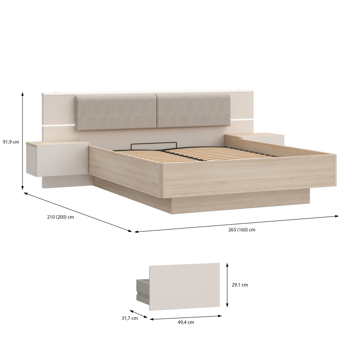 Pat Cu Noptiere Pineapple, Dimensiune Saltea 160 x 200 Cm, Somiera Rabatabila, Cu LED, Riva Oak Si Sand