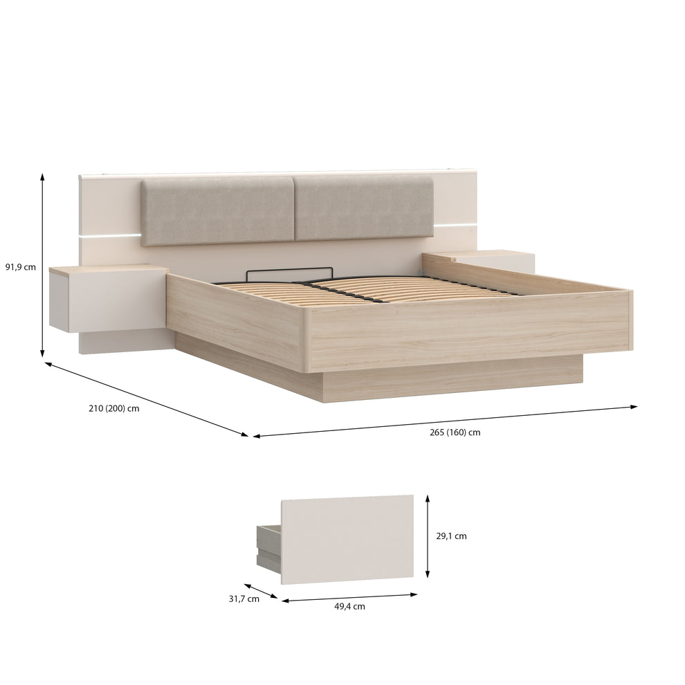 Pat Cu Noptiere Pineapple, Dimensiune Saltea 160 x 200 Cm, Somiera Rabatabila, Cu LED, Riva Oak Si Sand