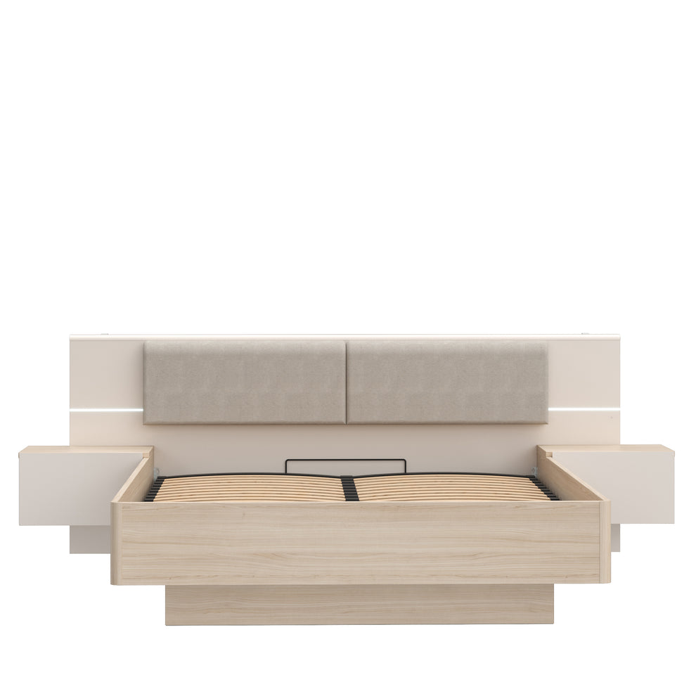 Pat Cu Noptiere Pineapple, Dimensiune Saltea 160 x 200 Cm, Somiera Rabatabila, Cu LED, Riva Oak Si Sand