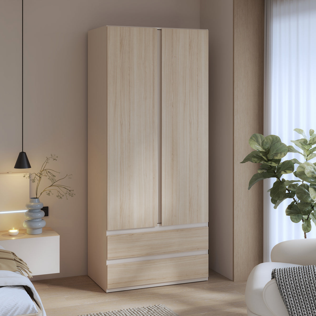 Dulap 2 Usi Si 2 Sertare Pineapple, Riva Oak Si Sand, 88.9 Cm