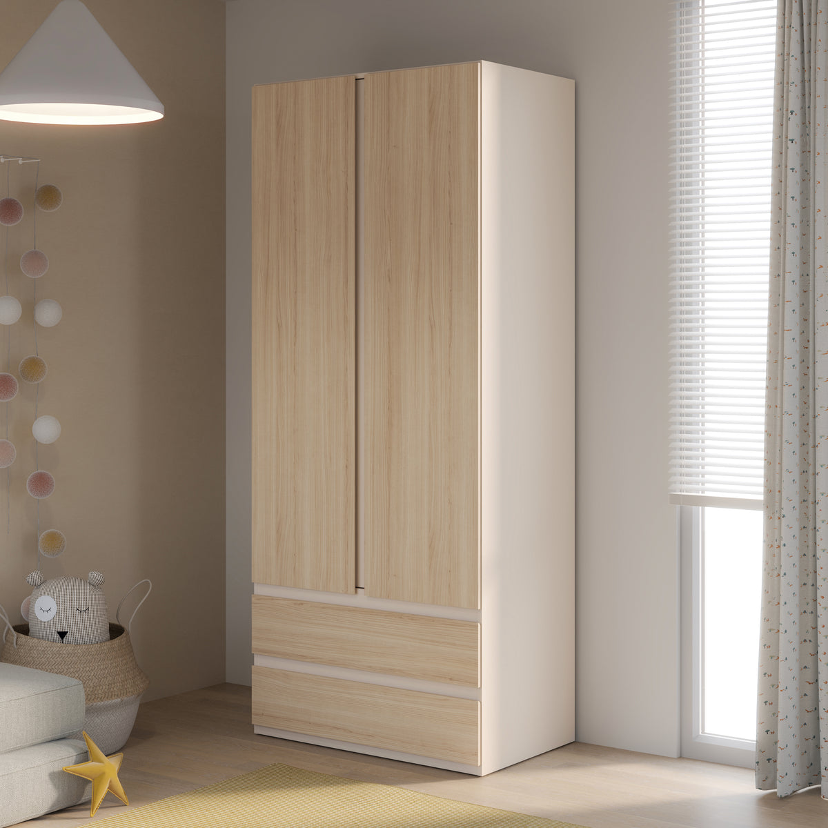 Dulap 2 Usi Si 2 Sertare Pineapple, Riva Oak Si Sand, 88.9 Cm