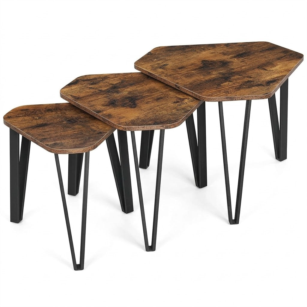 Set De 3 Masute De Cafea, Maro Rustic Si Negru
