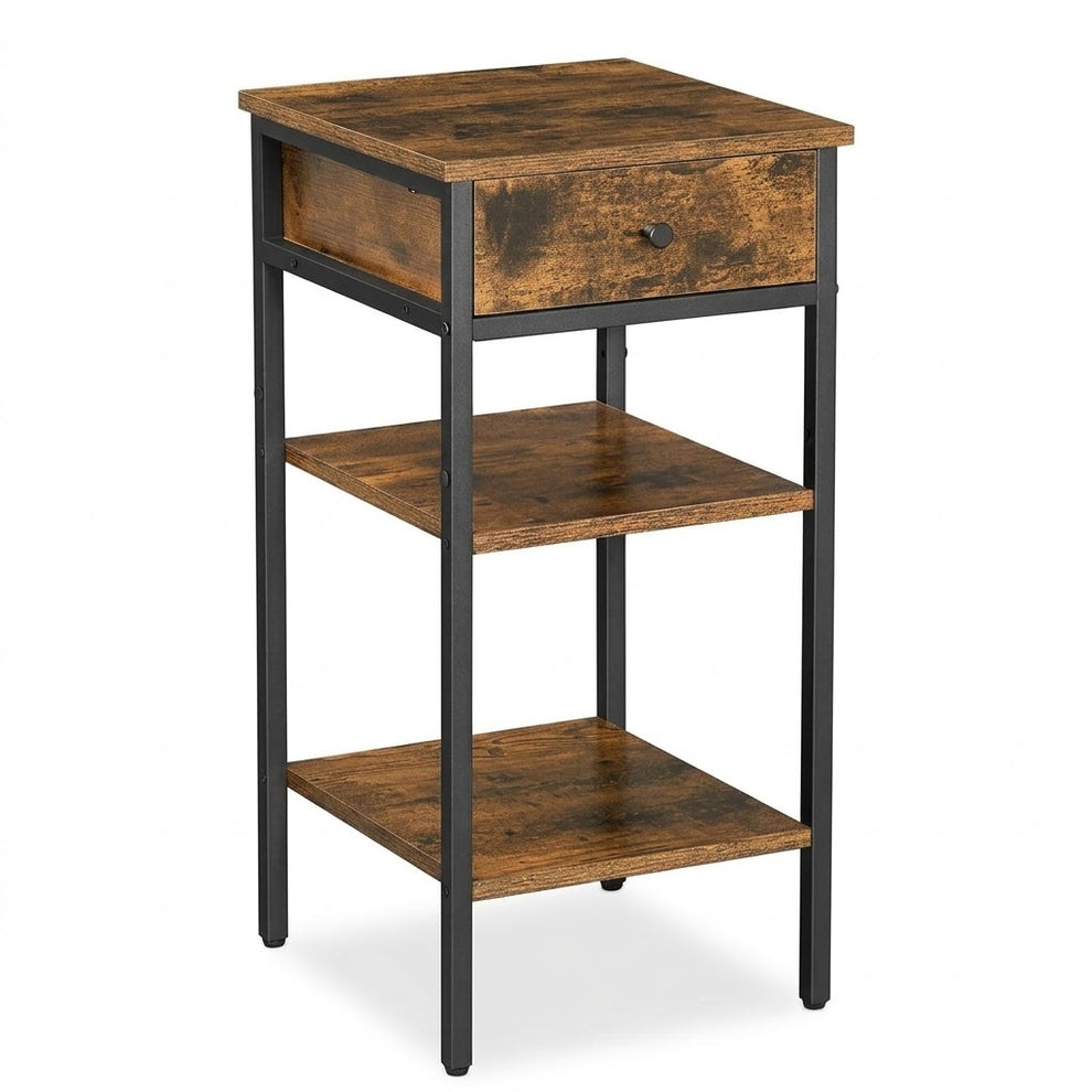 Masuta Inalta Cu Sertar Si 2 Rafturi De Depozitare, Maro Rustic Si Negru, 35 Cm