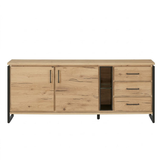 Bufet Cu 2 Usi Si 3 Sertare Reno Smoked Oak, Furnir Din Lemn Masiv, 200 Cm