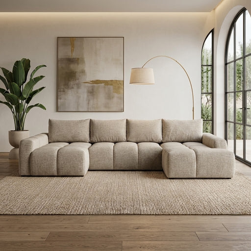 Coltar U Extensibil Luna, Otoman Dreapta, 6 Locuri, Onyx 3 Linen, Bej, 340 Cm