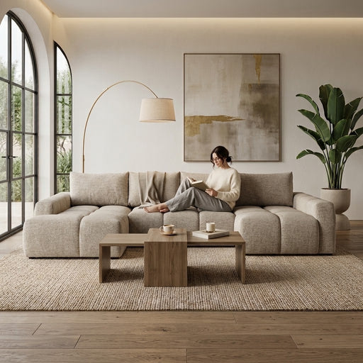 Coltar U Extensibil Luna, Otoman Stanga, 6 Locuri, Onyx 3 Linen, Bej