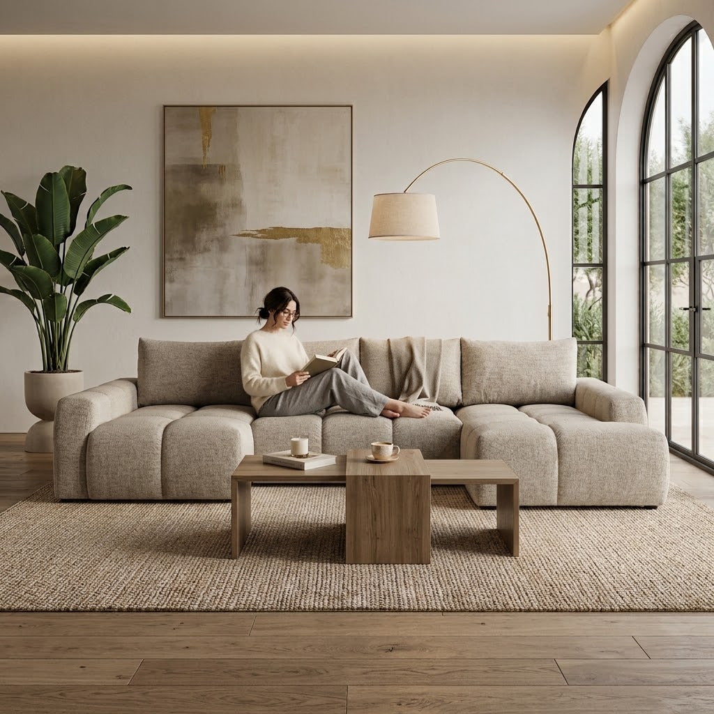 Coltar U Extensibil Luna, Otoman Dreapta, 6 Locuri, Onyx 3 Linen, Bej, 340 Cm