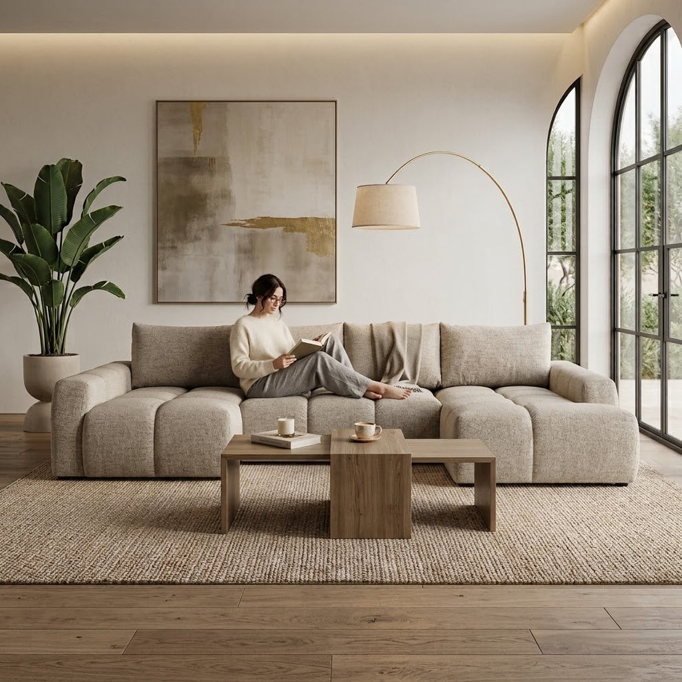 Coltar U Extensibil Luna, Otoman Dreapta, 6 Locuri, Onyx 3 Linen, Bej, 340 Cm