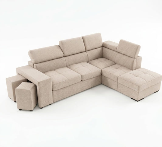 Coltar Extensibil Cu Otoman Ventotene, 5 Locuri, Taburete Integrate, Lada Depozitare, Bej, 265 Cm
