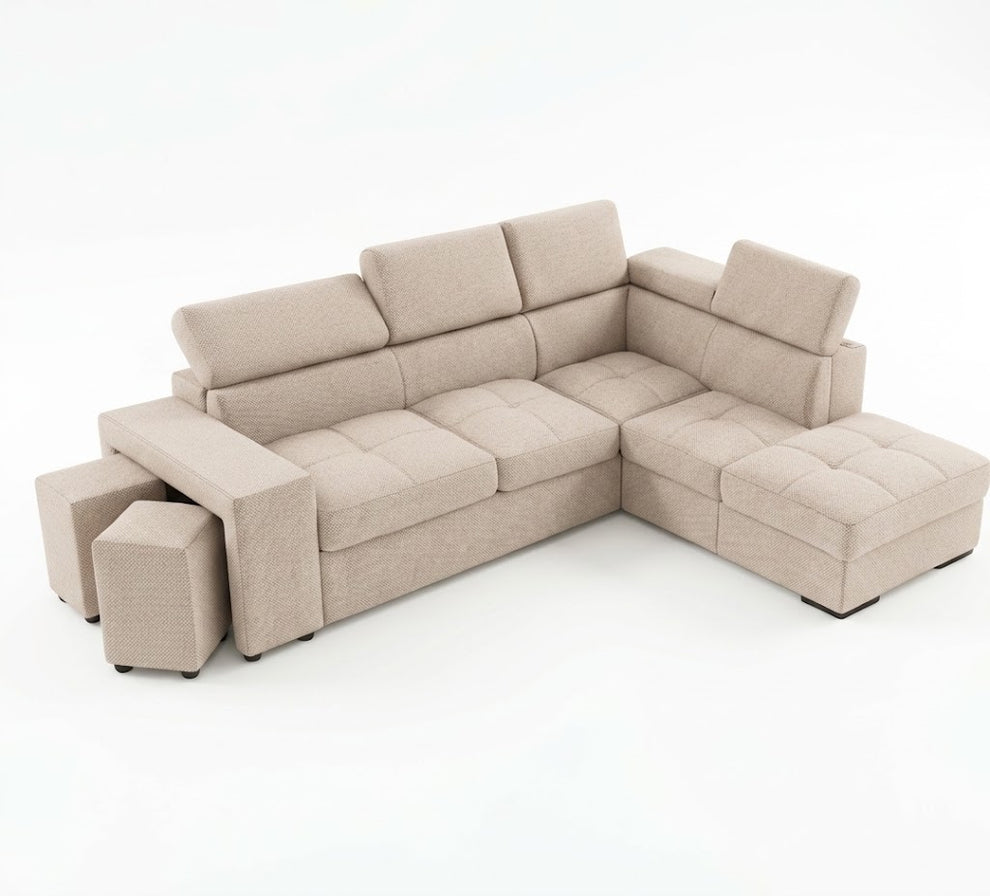 Coltar Extensibil Cu Otoman Ventotene, 5 Locuri, Taburete Integrate, Lada Depozitare, Bej, 265 Cm