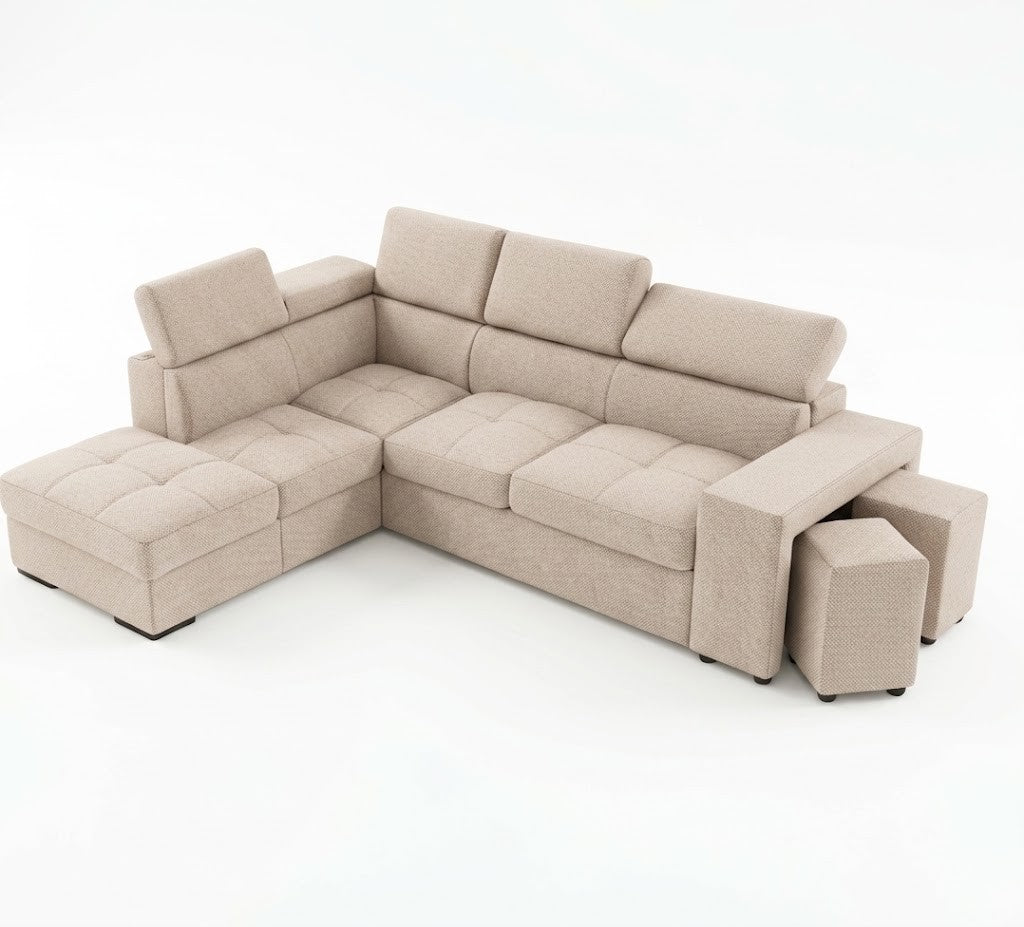 Coltar Extensibil Cu Otoman Ventotene, 5 Locuri, Interschimbabil, Taburete Integrate, Lada Depozitare, Bej, 265 Cm