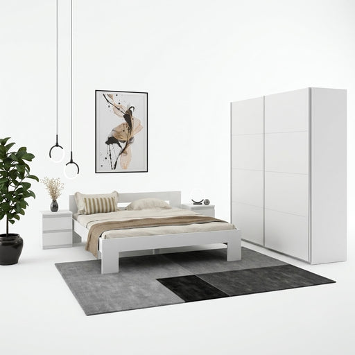 Set Dormitor Praktic, Alb Mat, Dulap 150 Cm, 2 Noptiere, Pat Cu Dimensiune Saltea 180 x 200 Cm