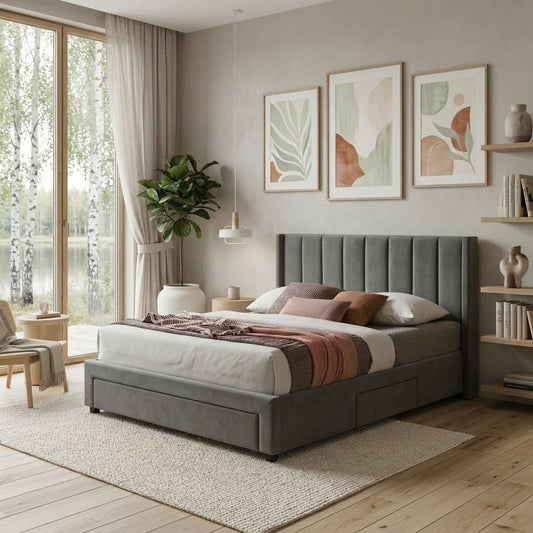 Pat Tapitat Salma Cu Sertare Si Somiera gri inchis 140 x 200 cm #variant:gri-inchis #variant:140-x-200-cm #studio